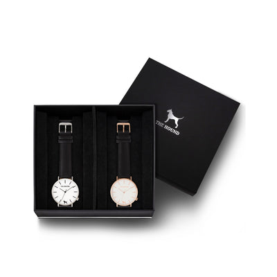 Custom gift set - Silver and white watch with stitched black genuine leather band and a rose gold and white watch with stitched black genuine leather band