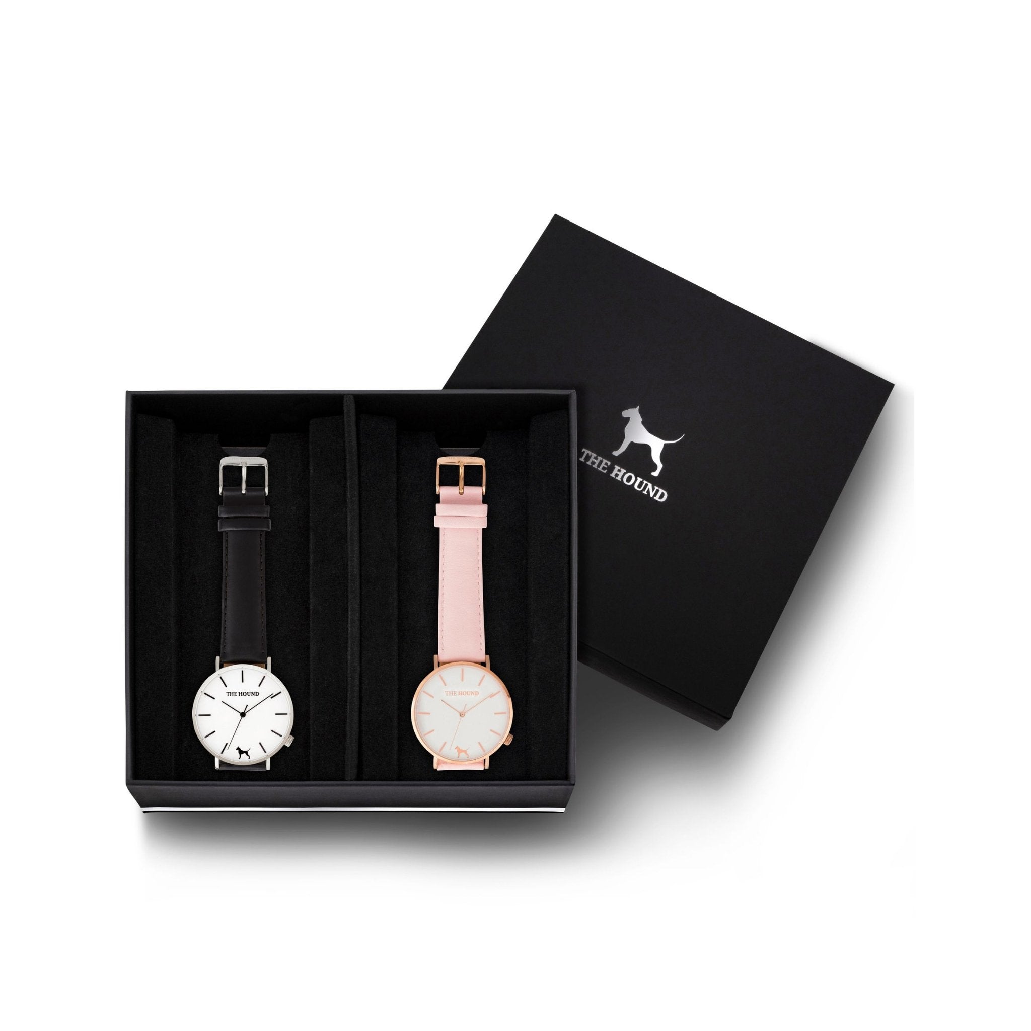 Custom gift set - Silver and white watch with stitched black genuine leather band and a rose gold and white watch with stitched blush pink genuine leather band