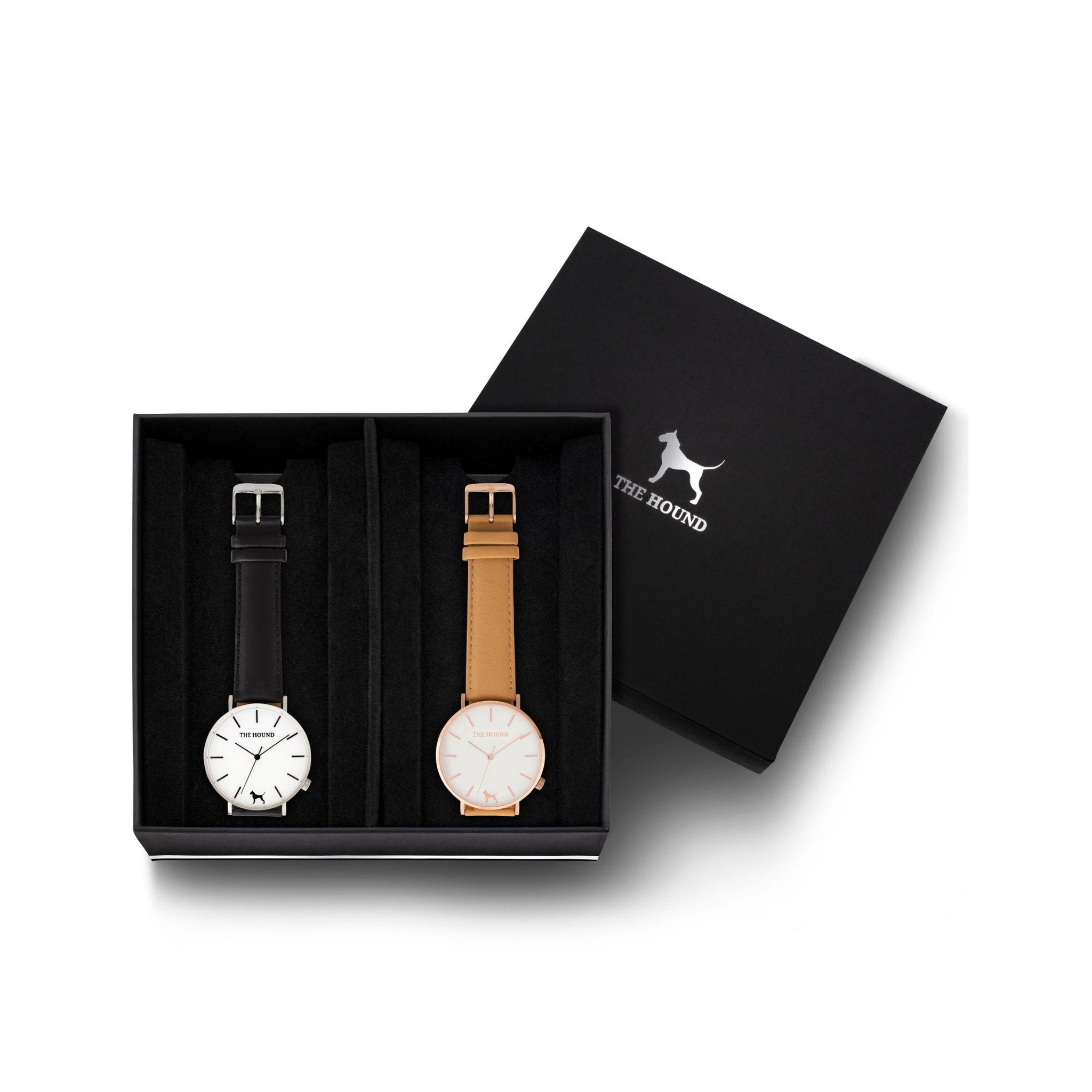 Custom gift set - Silver and white watch with stitched black genuine leather band and a rose gold and white watch with stitched camel genuine leather band