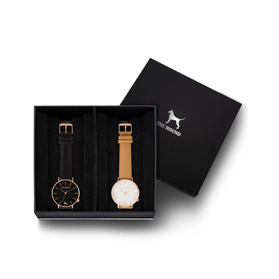 Custom gift set - Rose gold and black watch with stitched black genuine leather band and a rose gold and white watch with stitched camel genuine leather band