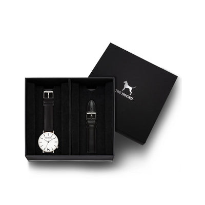 Silver & White Watch<br>+ Black Leather Band<br>+ Black Leather Band