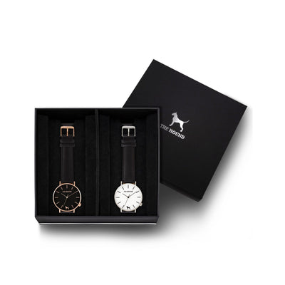 Custom gift set - Rose gold and black watch with stitched black genuine leather band and a silver and white watch with stitched black genuine leather band