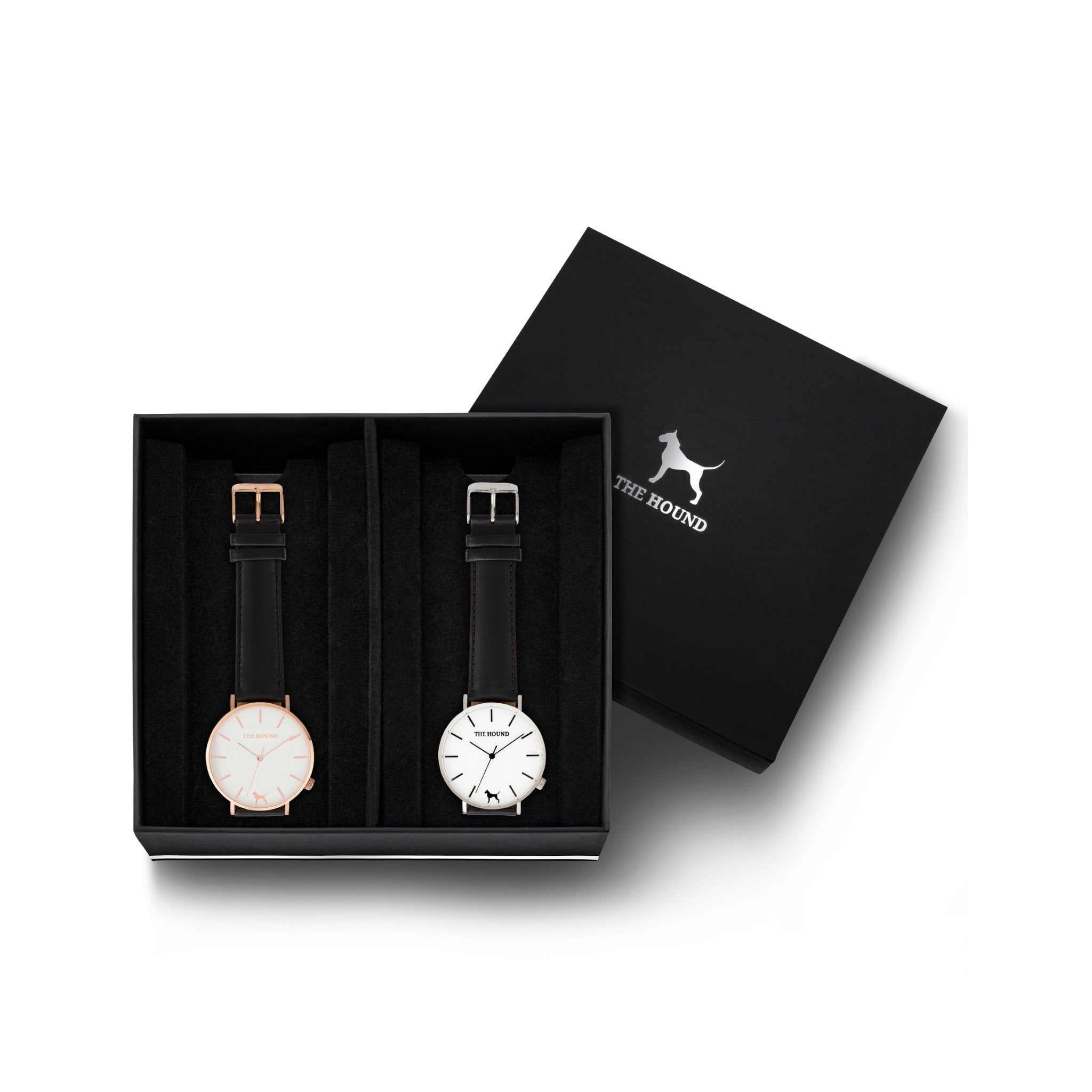 Custom gift set - Rose gold and white watch with stitched black genuine leather band and a silver and white watch with stitched black genuine leather band