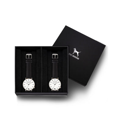 Custom gift set - Silver and white watch with stitched black genuine leather band and a silver and white watch with stitched black genuine leather band