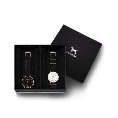 Custom gift set - Rose gold and black watch with stitched black genuine leather band and a silver and white watch with black nato leather band
