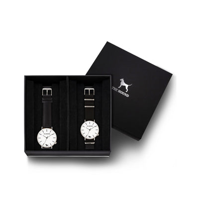 Custom gift set - Silver and white watch with stitched black genuine leather band and a silver and white watch with black nato leather band