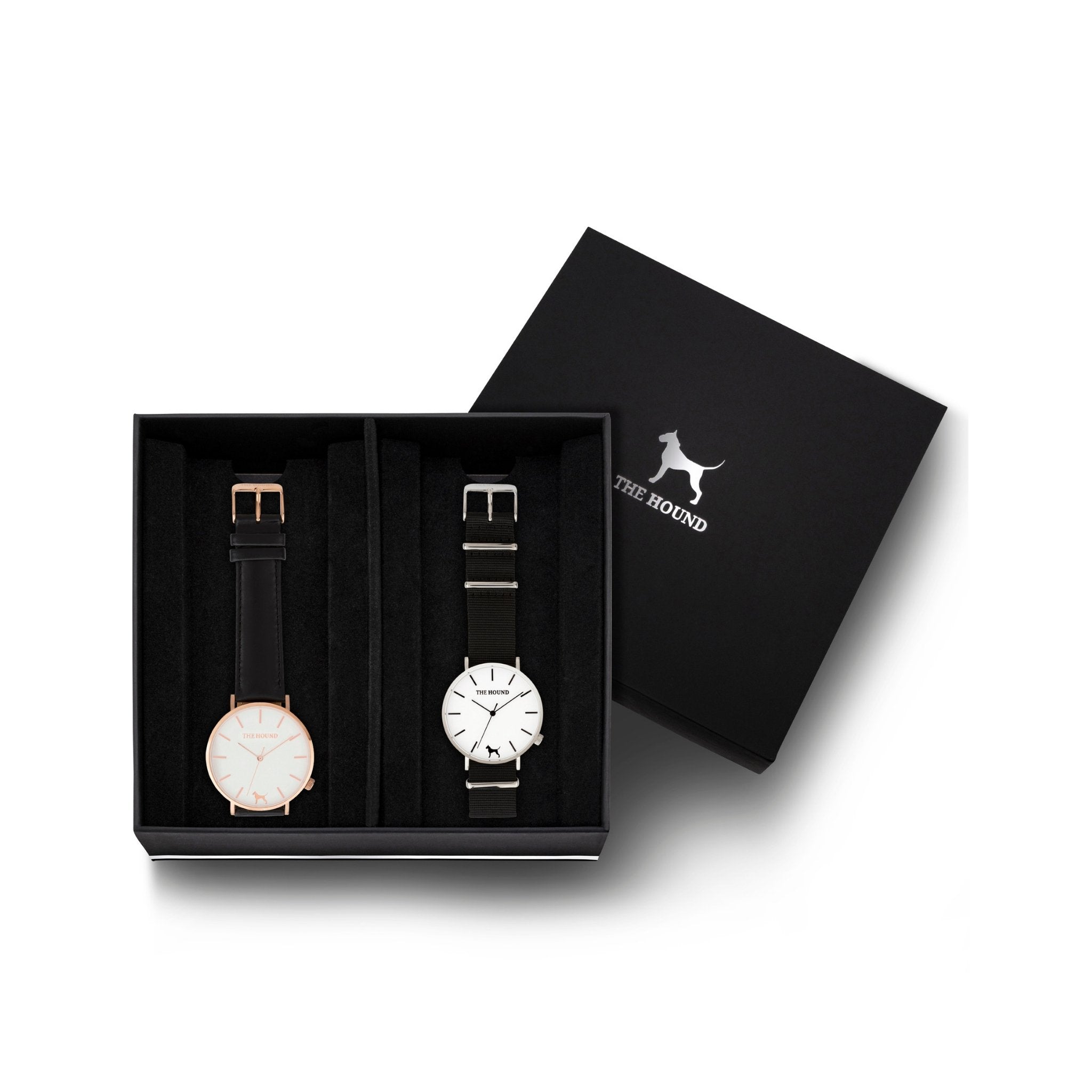 Custom gift set - Rose gold and white watch with stitched black genuine leather band and a silver and white watch with black nato leather band