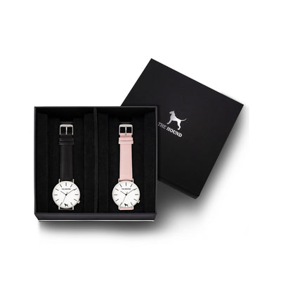 Custom gift set - Silver and white watch with stitched black genuine leather band and a silver and white watch with stitched blush pink genuine leather band