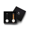 Custom gift set - Silver and white watch with stitched black genuine leather band and a silver and white watch with stitched camel genuine leather band