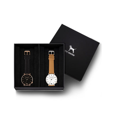 Custom gift set - Rose gold and black watch with stitched black genuine leather band and a silver and white watch with stitched camel genuine leather band