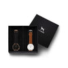 Custom gift set - Rose gold and black watch with stitched black genuine leather band and a silver and white watch with stitched tan genuine leather band