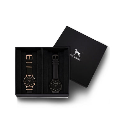 Custom gift set - Rose gold and black watch with black nato band and a matte black and black watch with stitched black genuine leather band