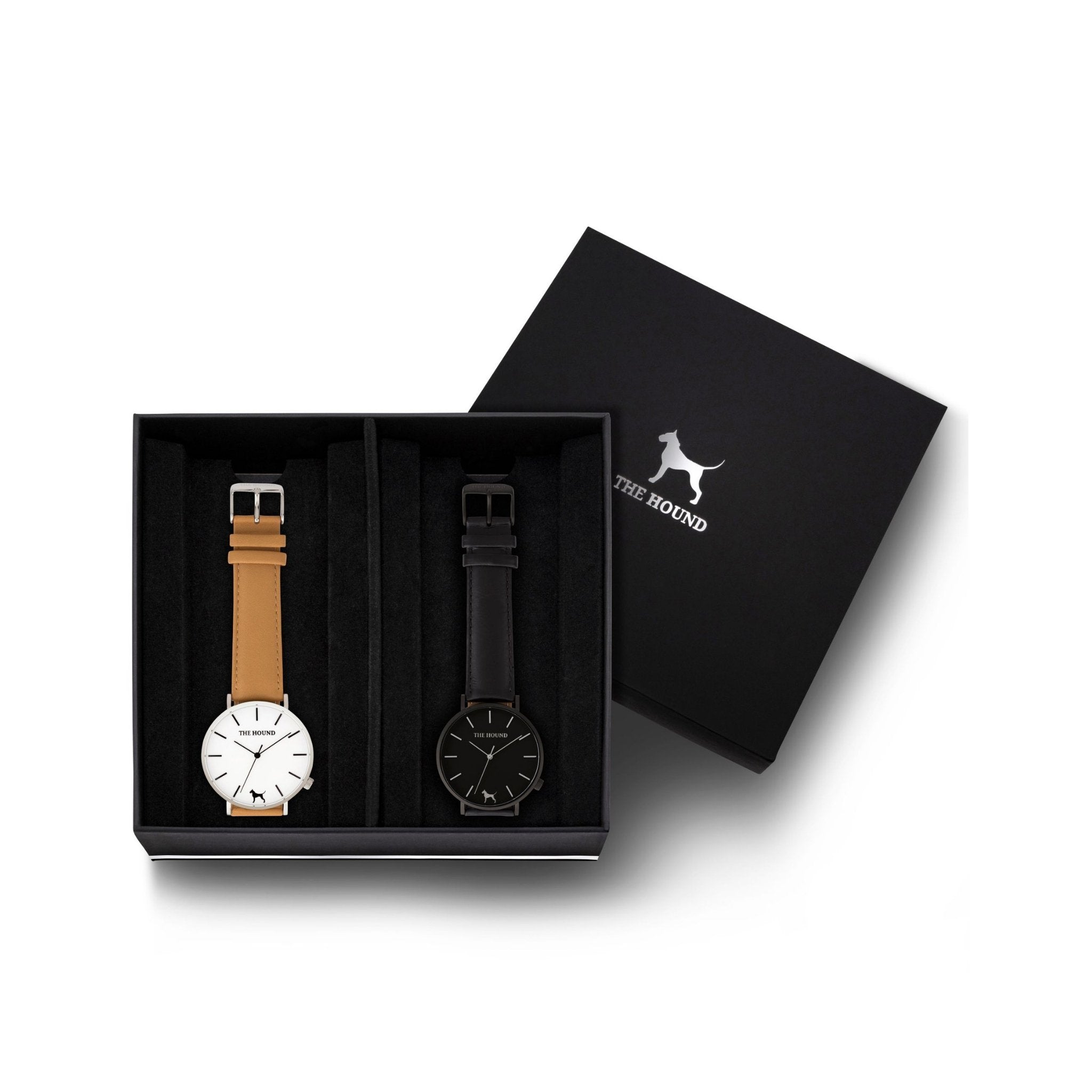 Custom gift set - Silver and white watch with stitched camel genuine leather band and a matte black and black watch with stitched black genuine leather band