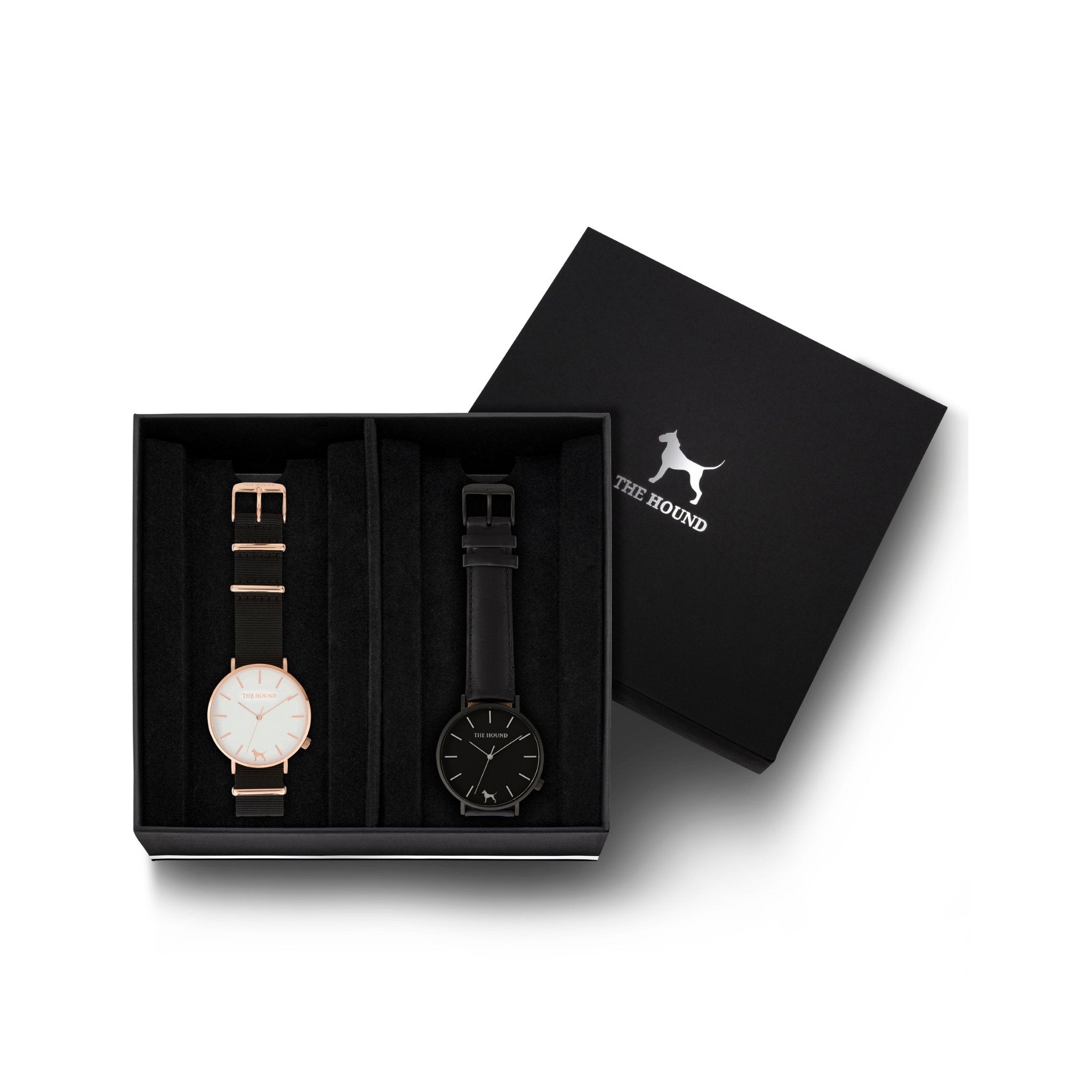 Custom gift set - Rose gold and white watch with black nato band and a matte black and black watch with stitched black genuine leather band