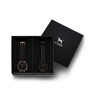 Custom gift set - Rose gold and black watch with stitched black genuine leather band and a matte black and black watch with stitched black genuine leather band