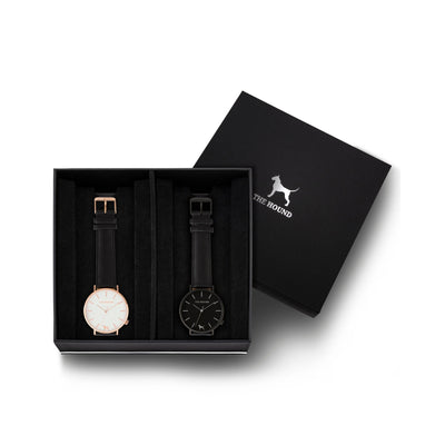 Custom gift set - Rose gold and white watch with stitched black genuine leather band and a matte black and black watch with stitched black genuine leather band