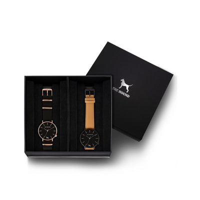 Custom gift set - Rose gold and black watch with black nato band and a matte black and black watch with stitched camel genuine leather band
