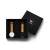 Custom gift set - Silver and white watch with stitched camel genuine leather band and a matte black and black watch with stitched camel genuine leather band