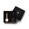 Custom gift set - Silver and white watch with stitched camel genuine leather band and a rose gold and black watch with stitched black genuine leather band