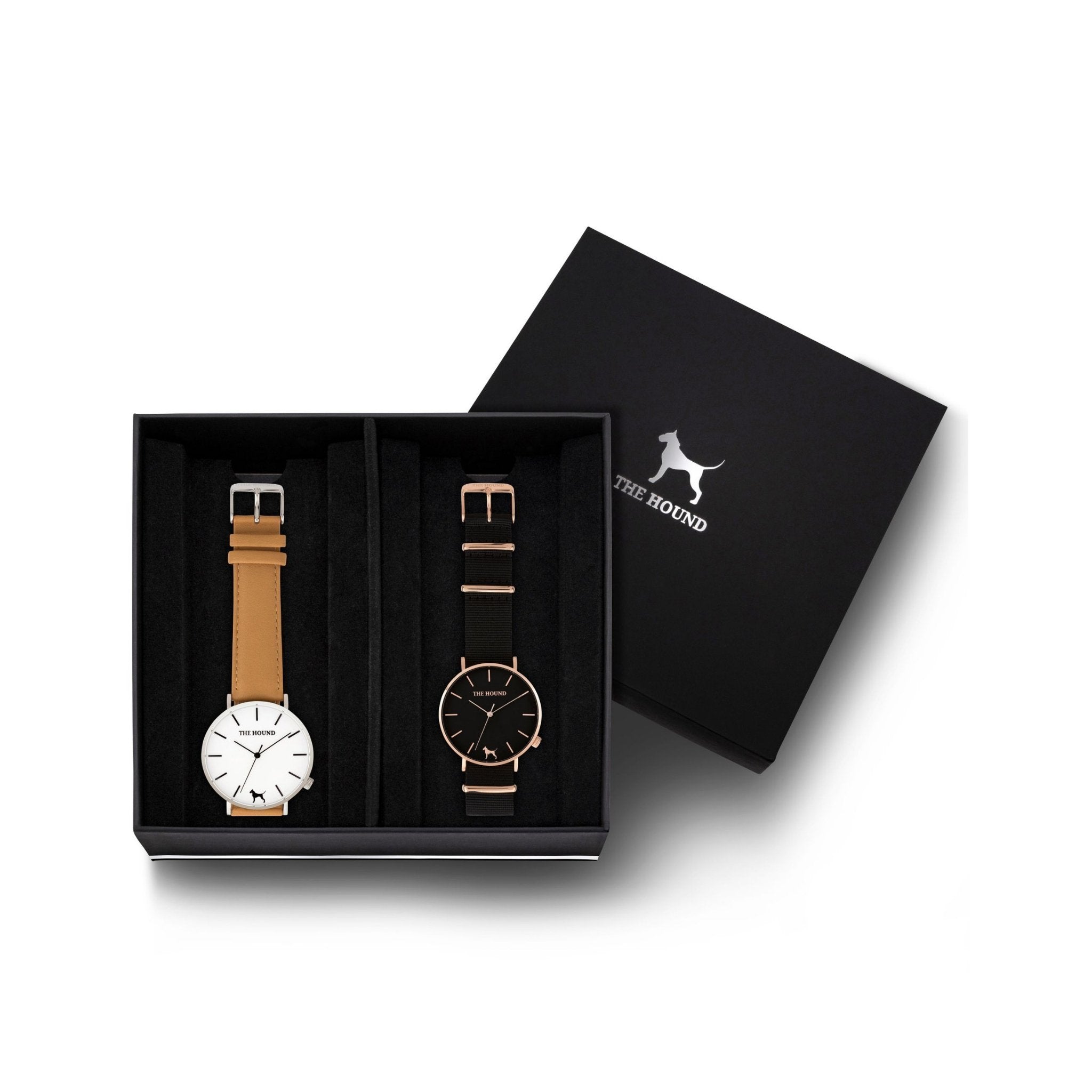 Custom gift set - Silver and white watch with stitched camel genuine leather band and a rose gold and black watch with black nato leather band