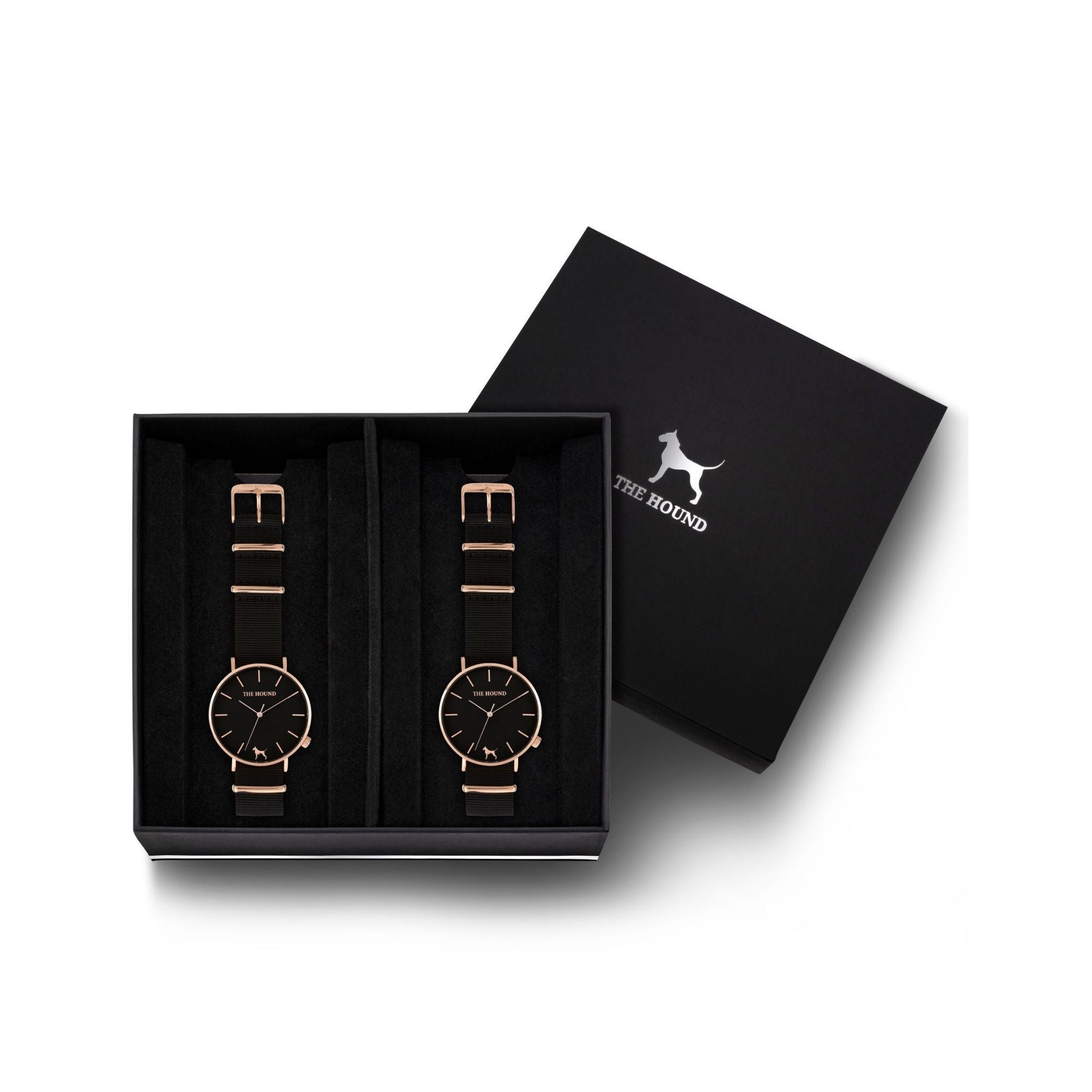 Custom gift set - Rose gold and black watch with black nato band and a rose gold and black watch with black nato leather band