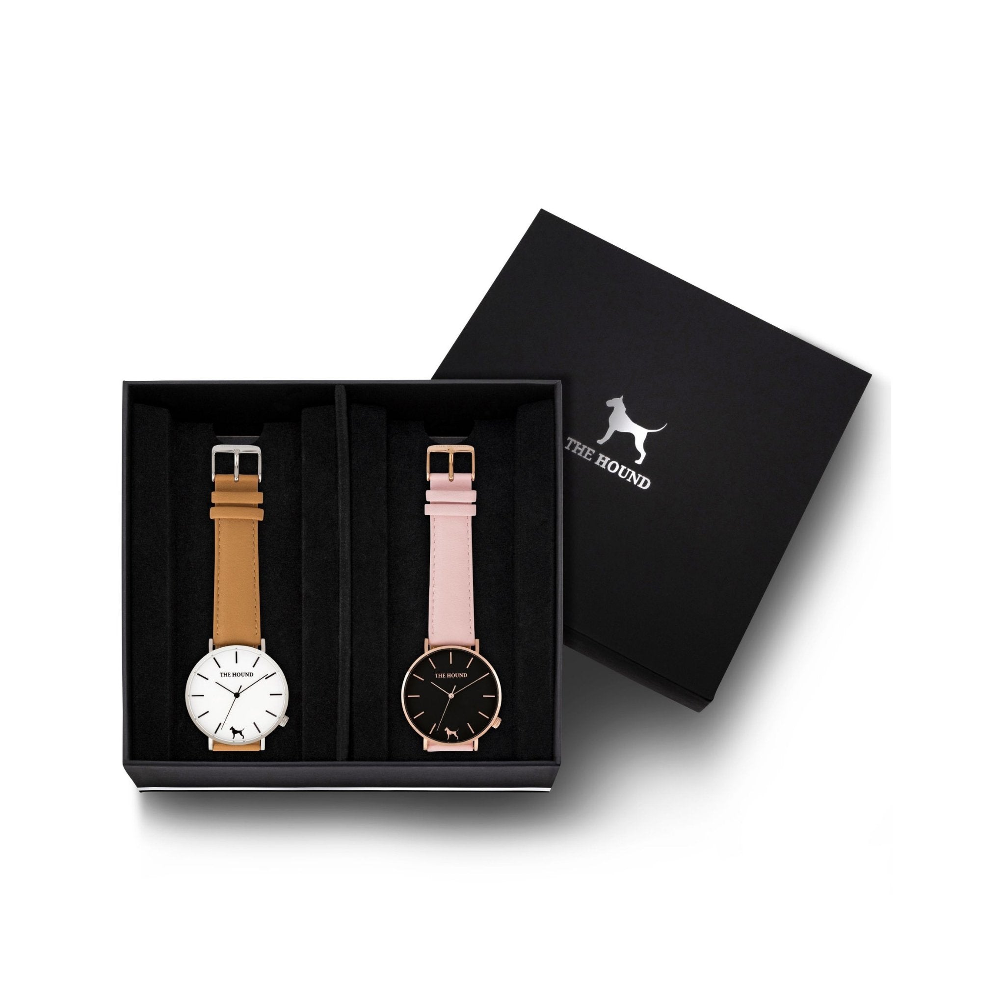Custom gift set - Silver and white watch with stitched camel genuine leather band and a rose gold and black watch with stitched blush pink genuine leather band