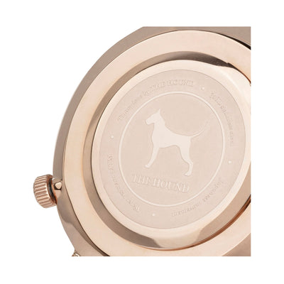 Rose gold and black watch caseback designed by THE HOUND.