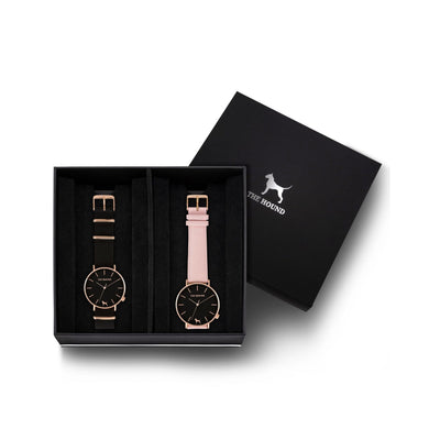 Custom gift set - Rose gold and black watch with black nato band and a rose gold and black watch with stitched blush pink genuine leather band