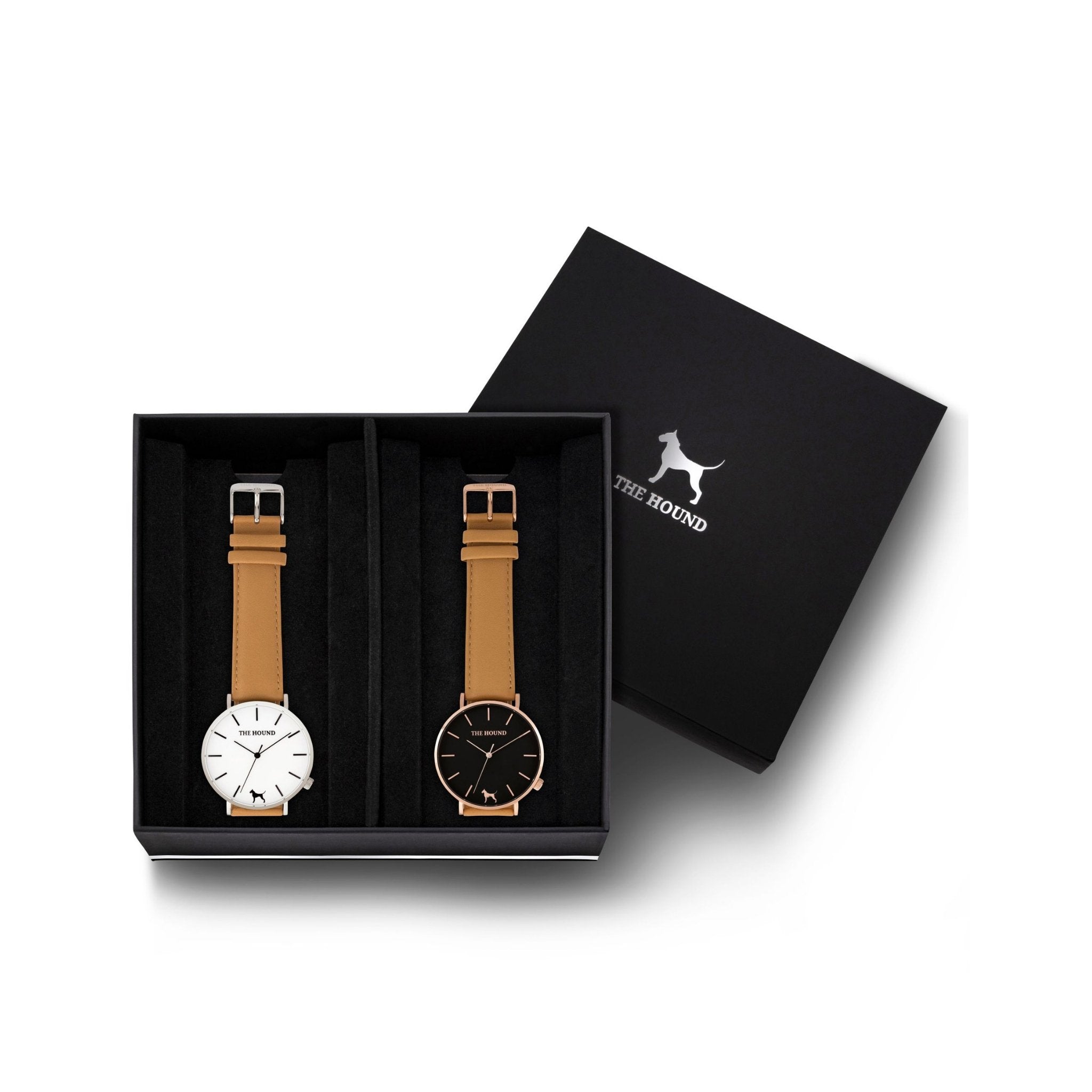 Custom gift set - Silver and white watch with stitched camel genuine leather band and a rose gold and black watch with stitched camel genuine leather band