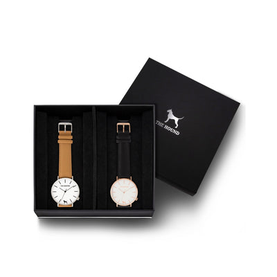 Custom gift set - Silver and white watch with stitched camel genuine leather band and a rose gold and white watch with stitched black genuine leather band