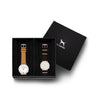 Custom gift set - Silver and white watch with stitched camel genuine leather band and a rose gold and white watch with black nato leather band