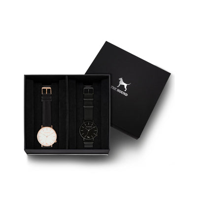 Custom gift set - Rose gold and white watch with stitched black genuine leather band and a matte black and black watch with black nato leather band