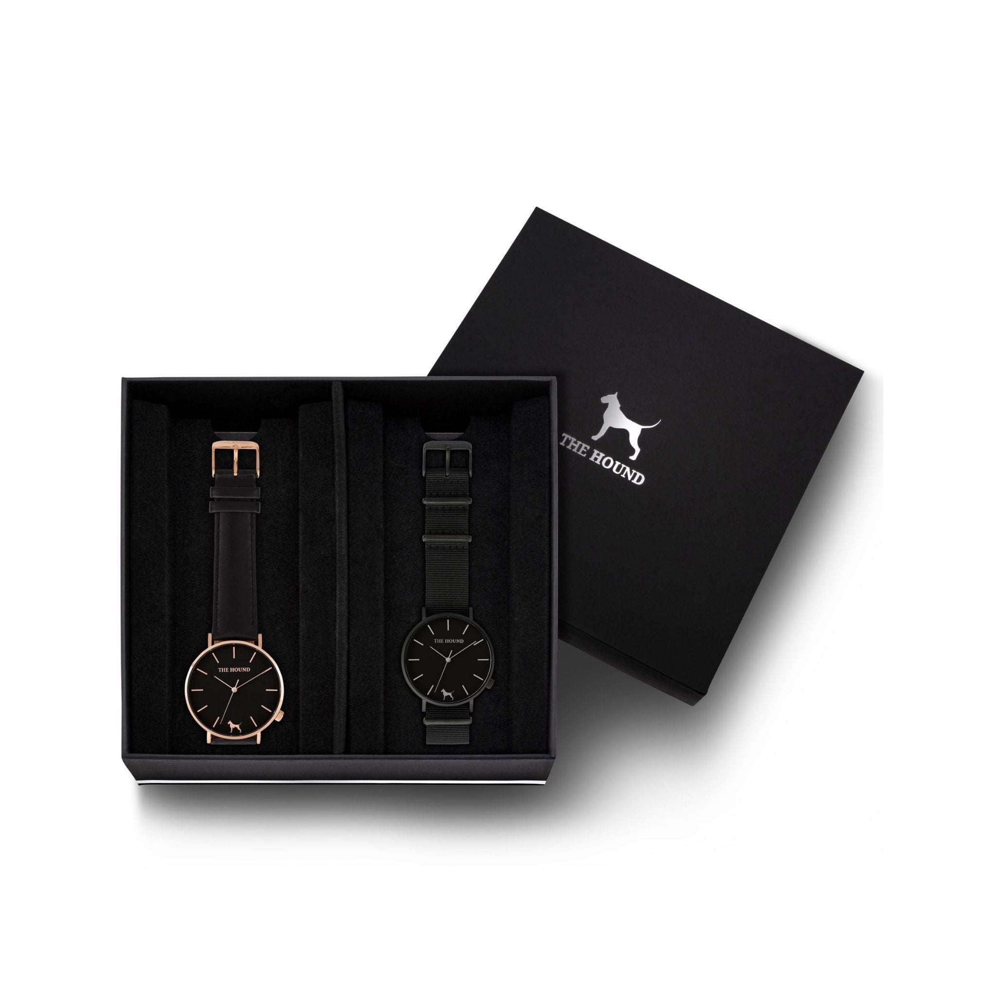 Custom gift set - Rose gold and black watch with stitched black genuine leather band and a matte black and black watch with black nato leather band