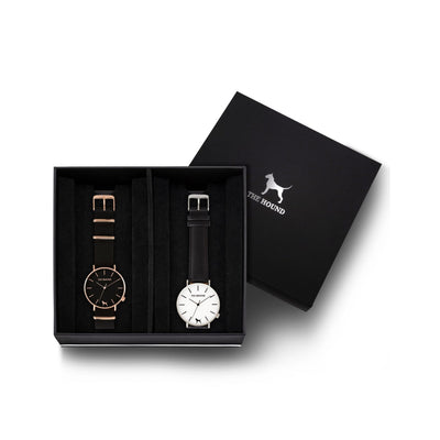 Custom gift set - Rose gold and black watch with black nato band and a silver and white watch with stitched black genuine leather band