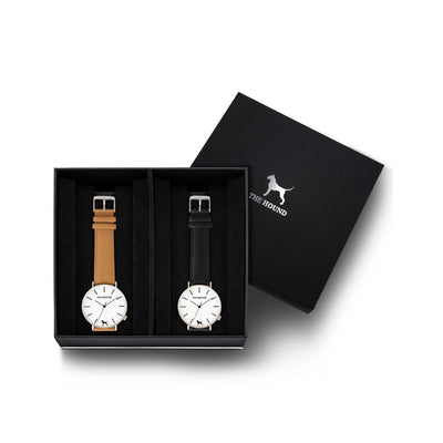 Custom gift set - Silver and white watch with stitched camel genuine leather band and a silver and white watch with stitched black genuine leather band