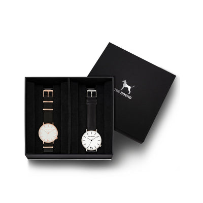 Custom gift set - Rose gold and white watch with black nato band and a silver and white watch with stitched black genuine leather band