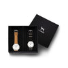 Custom gift set - Silver and white watch with stitched camel genuine leather band and a silver and white watch with black nato leather band