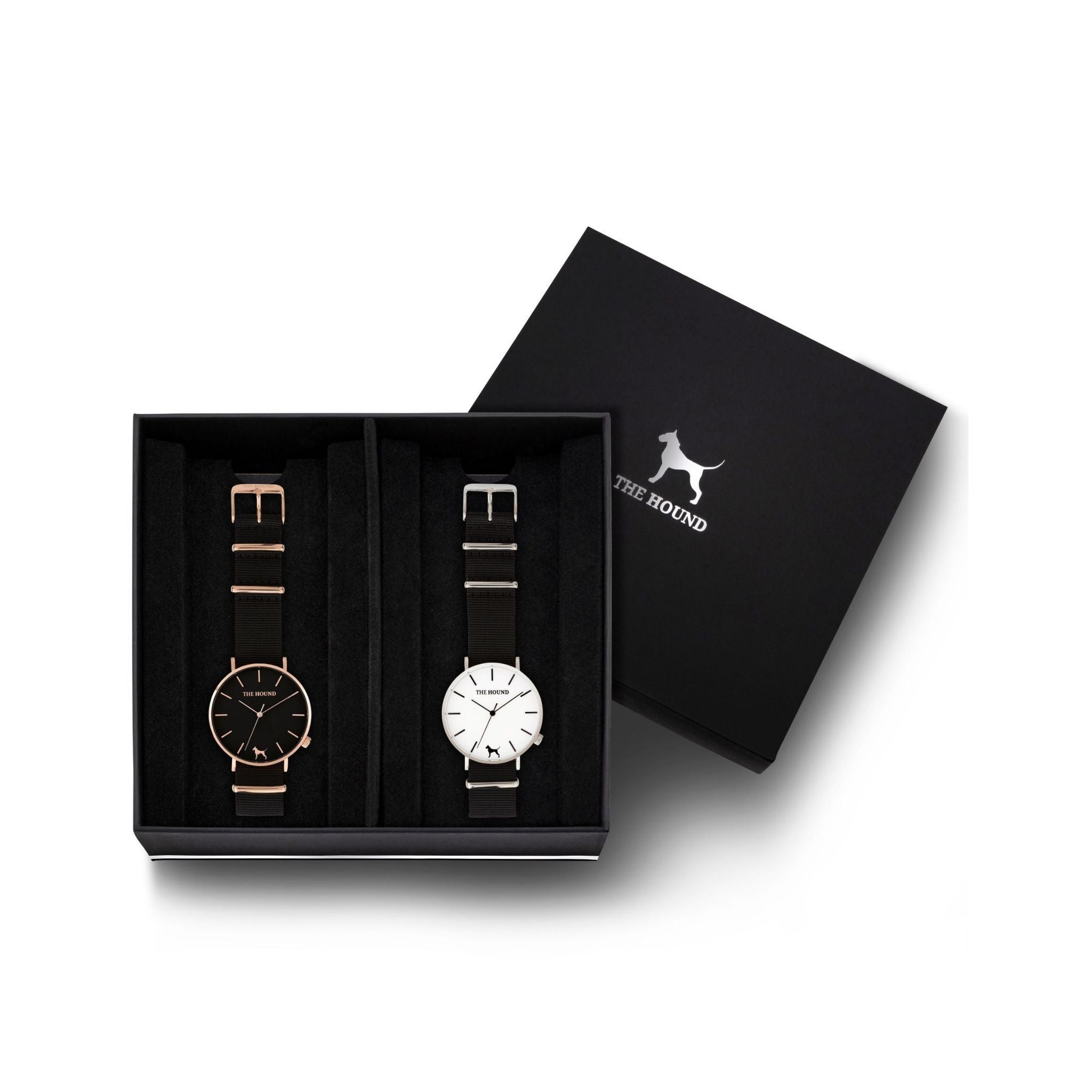 Custom gift set - Rose gold and black watch with black nato band and a silver and white watch with black nato leather band