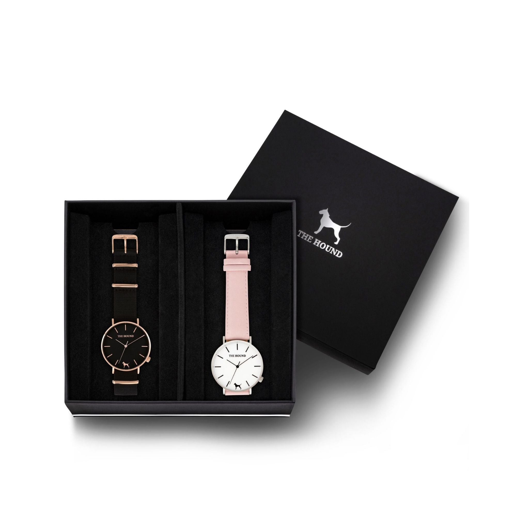 Custom gift set - Rose gold and black watch with black nato band and a silver and white watch with stitched blush pink genuine leather band