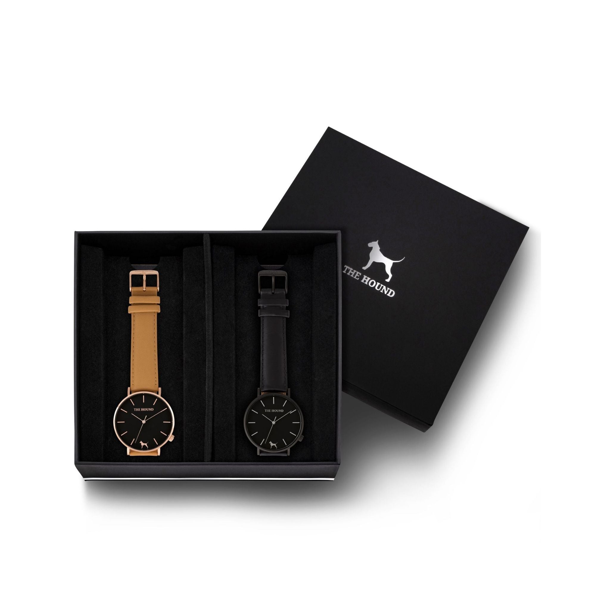 Custom gift set - Rose gold and black watch with stitched camel genuine leather band and a matte black and black watch with stitched black genuine leather band