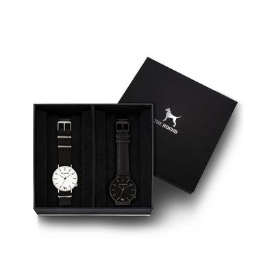 Custom gift set - Silver and white watch with black nato band and a matte black and black watch with stitched black genuine leather band