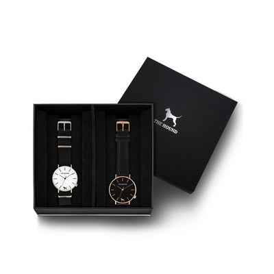 Custom gift set - Silver and white watch with black nato band and a rose gold and black watch with stitched black genuine leather band