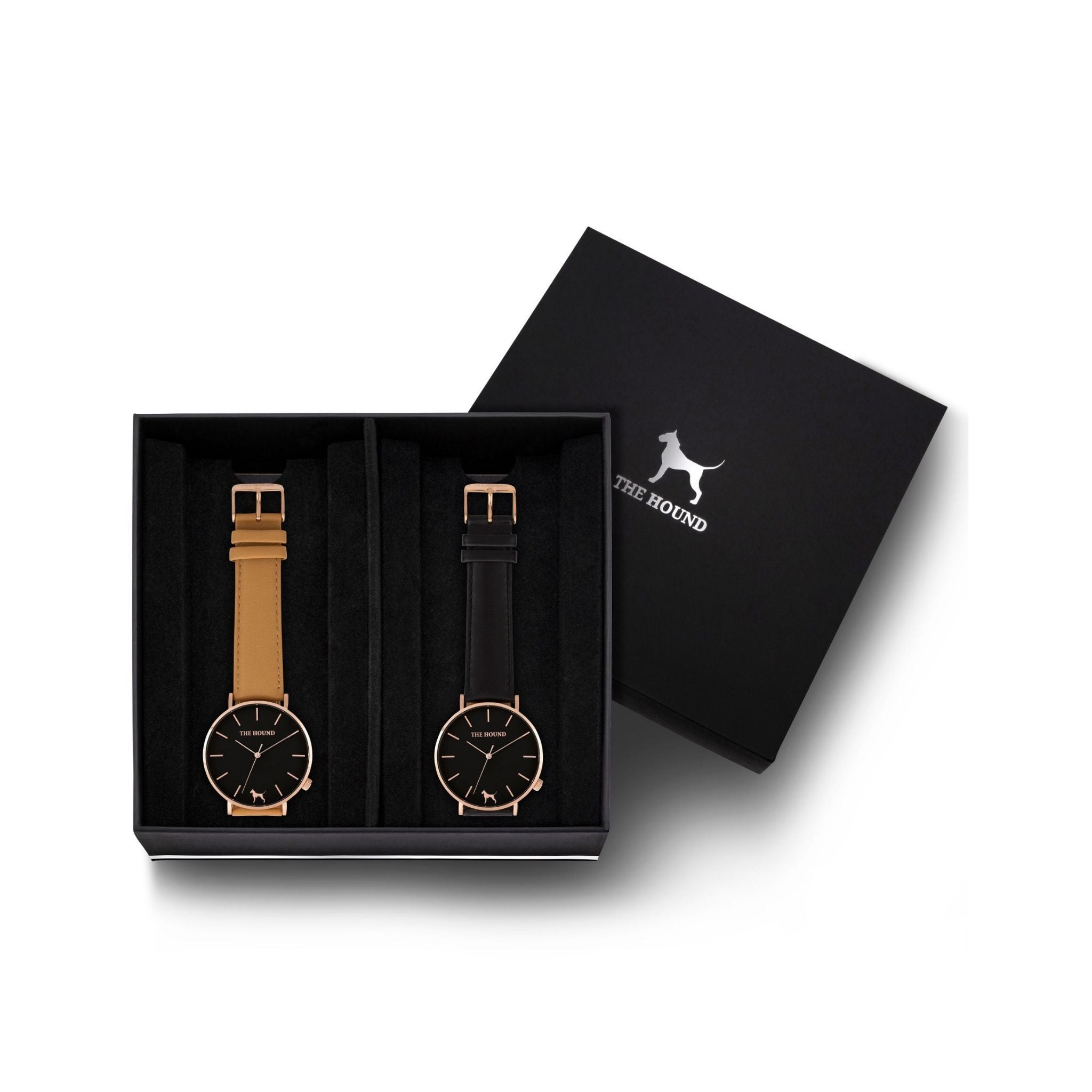 Custom gift set - Rose gold and black watch with stitched camel genuine leather band and a rose gold and black watch with stitched black genuine leather band