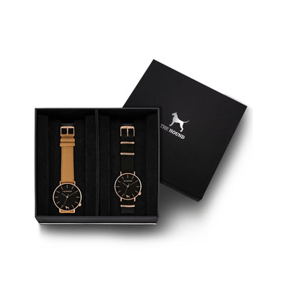Custom gift set - Rose gold and black watch with stitched camel genuine leather band and a rose gold and black watch with black nato leather band