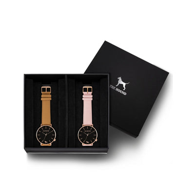 Custom gift set - Rose gold and black watch with stitched camel genuine leather band and a rose gold and black watch with stitched blush pink genuine leather band
