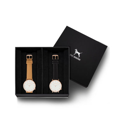 Custom gift set - Rose gold and white watch with stitched camel genuine leather band and a rose gold and white watch with stitched black genuine leather band