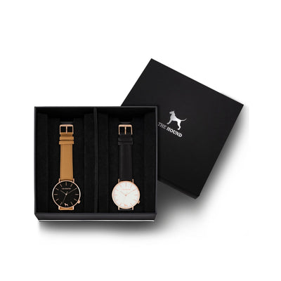 Custom gift set - Rose gold and black watch with stitched camel genuine leather band and a rose gold and white watch with stitched black genuine leather band