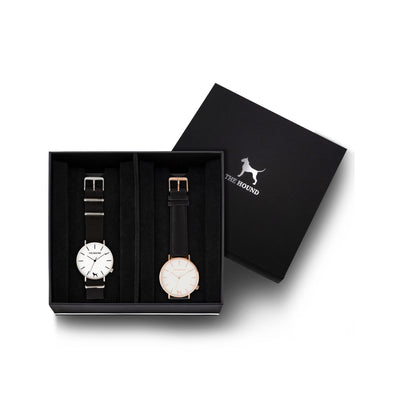 Custom gift set - Silver and white watch with black nato band and a rose gold and white watch with stitched black genuine leather band