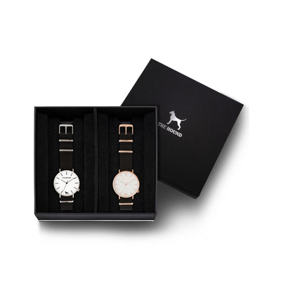 Custom gift set - Silver and white watch with black nato band and a rose gold and white watch with black nato leather band