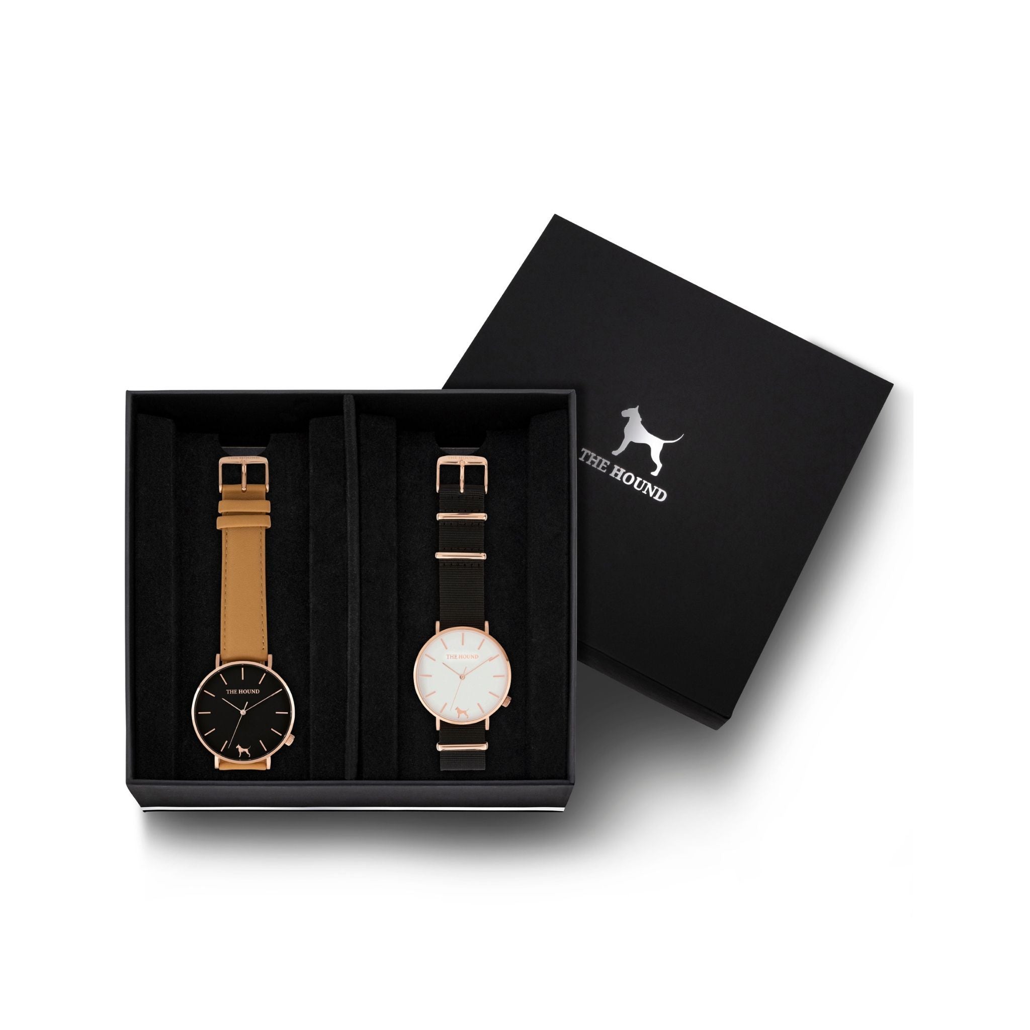 Custom gift set - Rose gold and black watch with stitched camel genuine leather band and a rose gold and white watch with black nato leather band